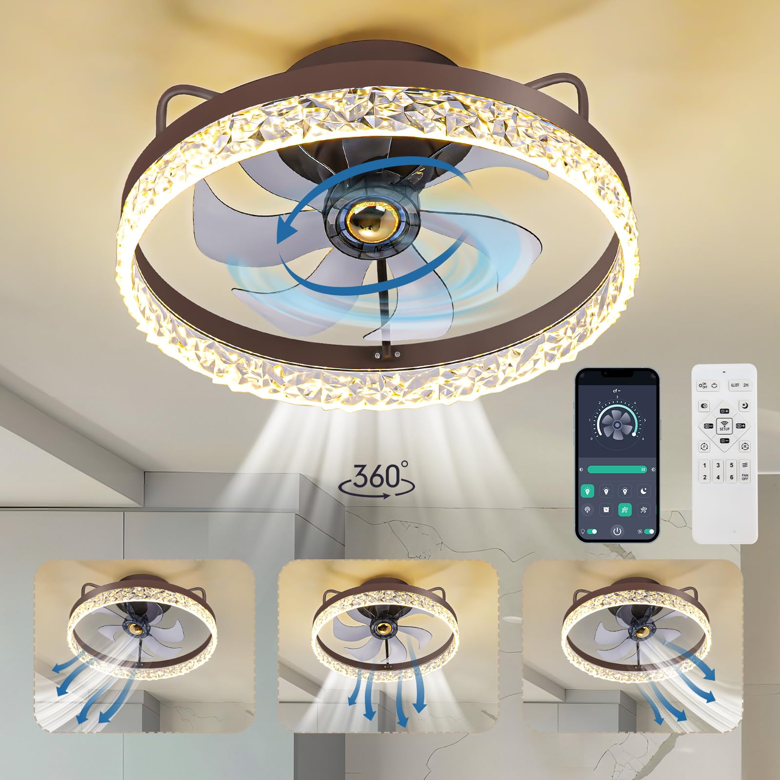 Esther life Ceiling Fans with Lights and Remote, 20" Low Profile Ceiling Fans with Light, Flush Mount Modern Bladeless Ceiling Fan, 360° Oscillating, 6 Wind Speeds, Enclosed Ceiling Fan for Bedroom