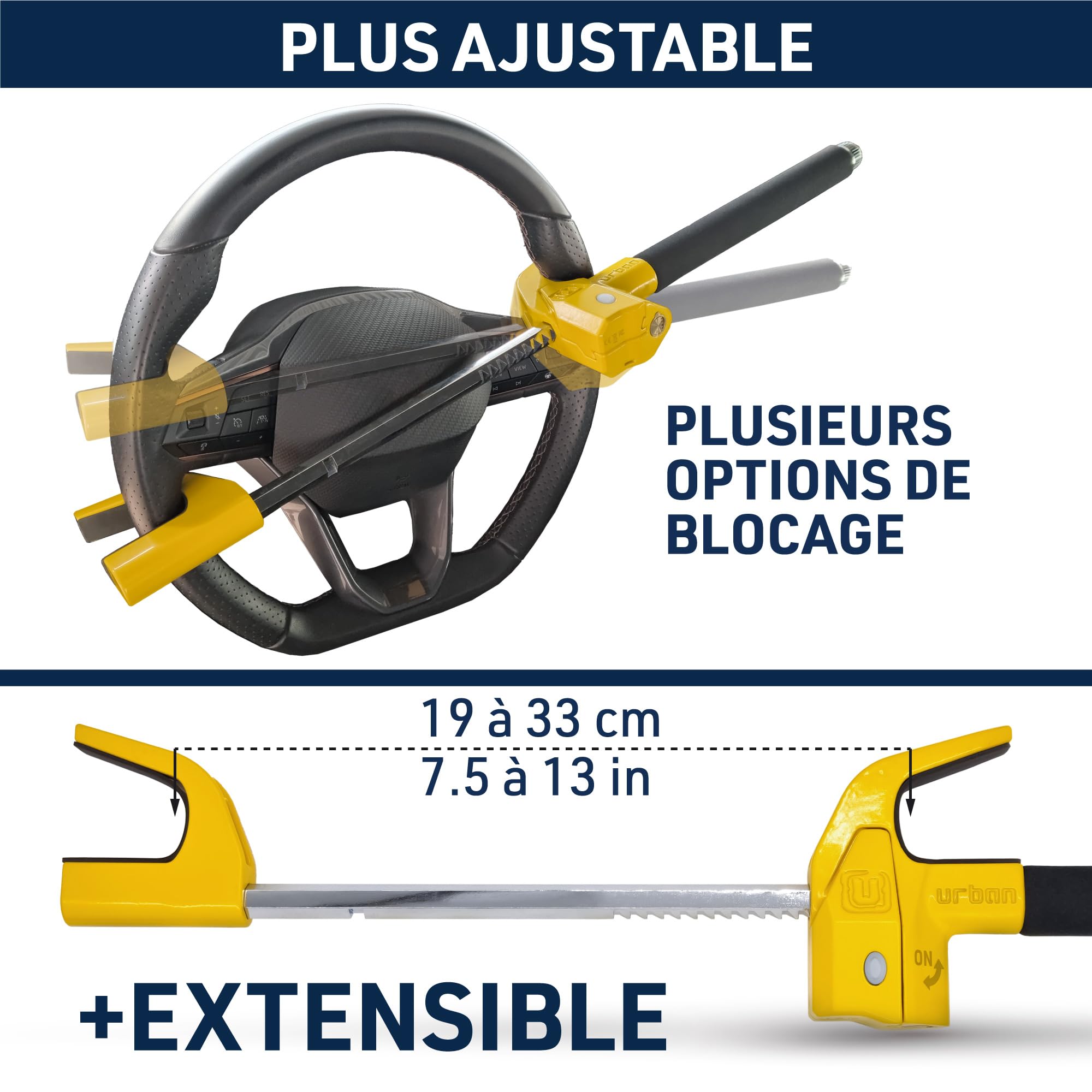 URBAN UR978Y Antivol Voiture Double Sécurité | Canne Antivol Voiture + Alarme Hi-Tech 120dB LED Warning | Sûr, Dissuassif, Résisté Tentative Vol | Bloque Volant Breveté, Barre Bloc Auto Universelle