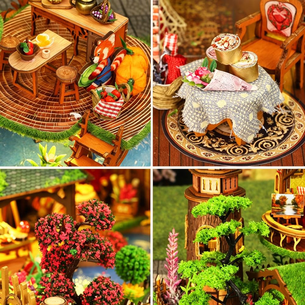 Fantasy Las DIY zestaw do budowania domku dla lalek, domek dla lalek z drewna do montażu, puzzle z meblami i oświetleniem LED, kreatywny prezent dla chłopców i dziewczynek