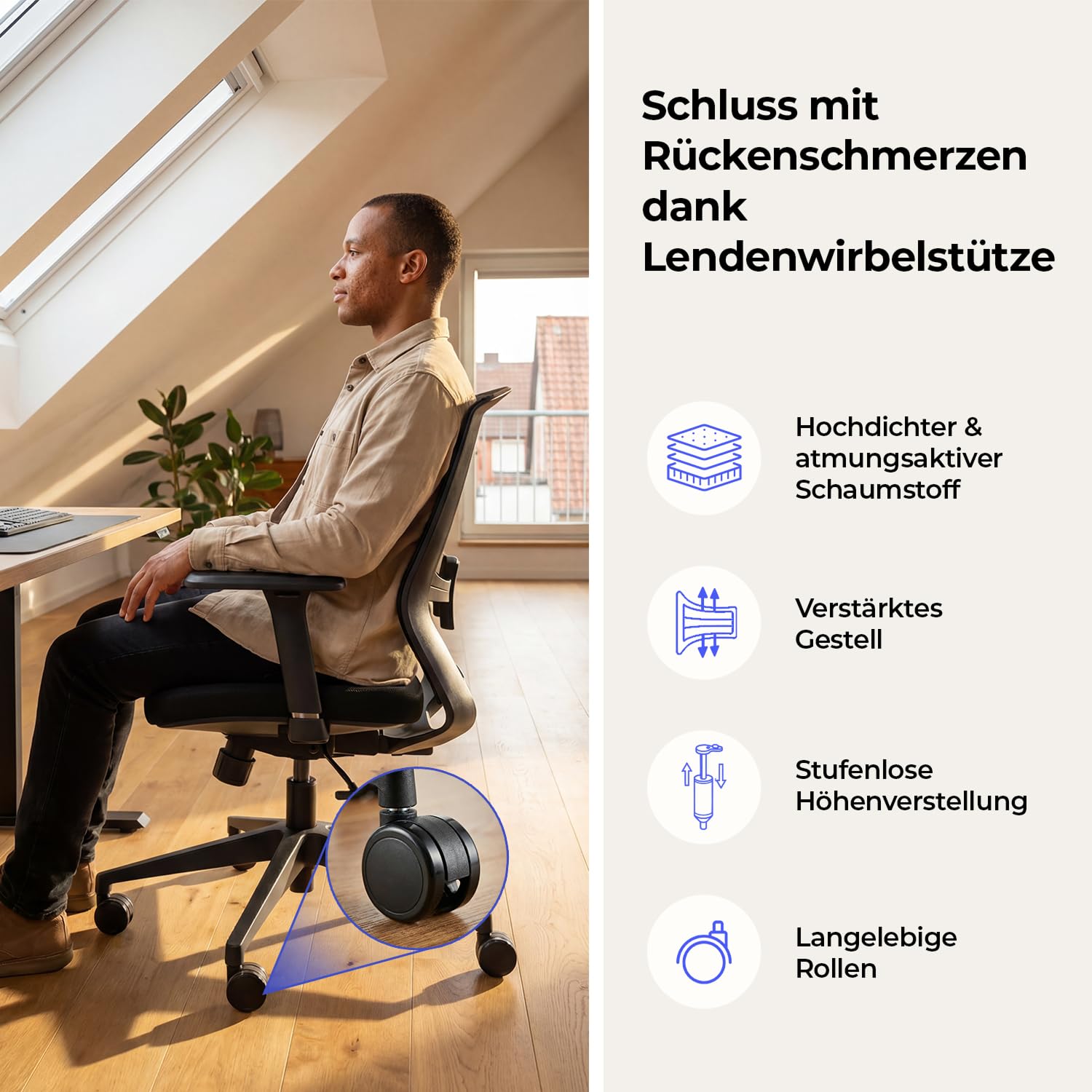 Stane Ergonomischer Bürostuhl für gesunde Sitzhaltung – Schwarz | Verfügt über leichtgängige Rollen und eine Feder für flexible Mobilität