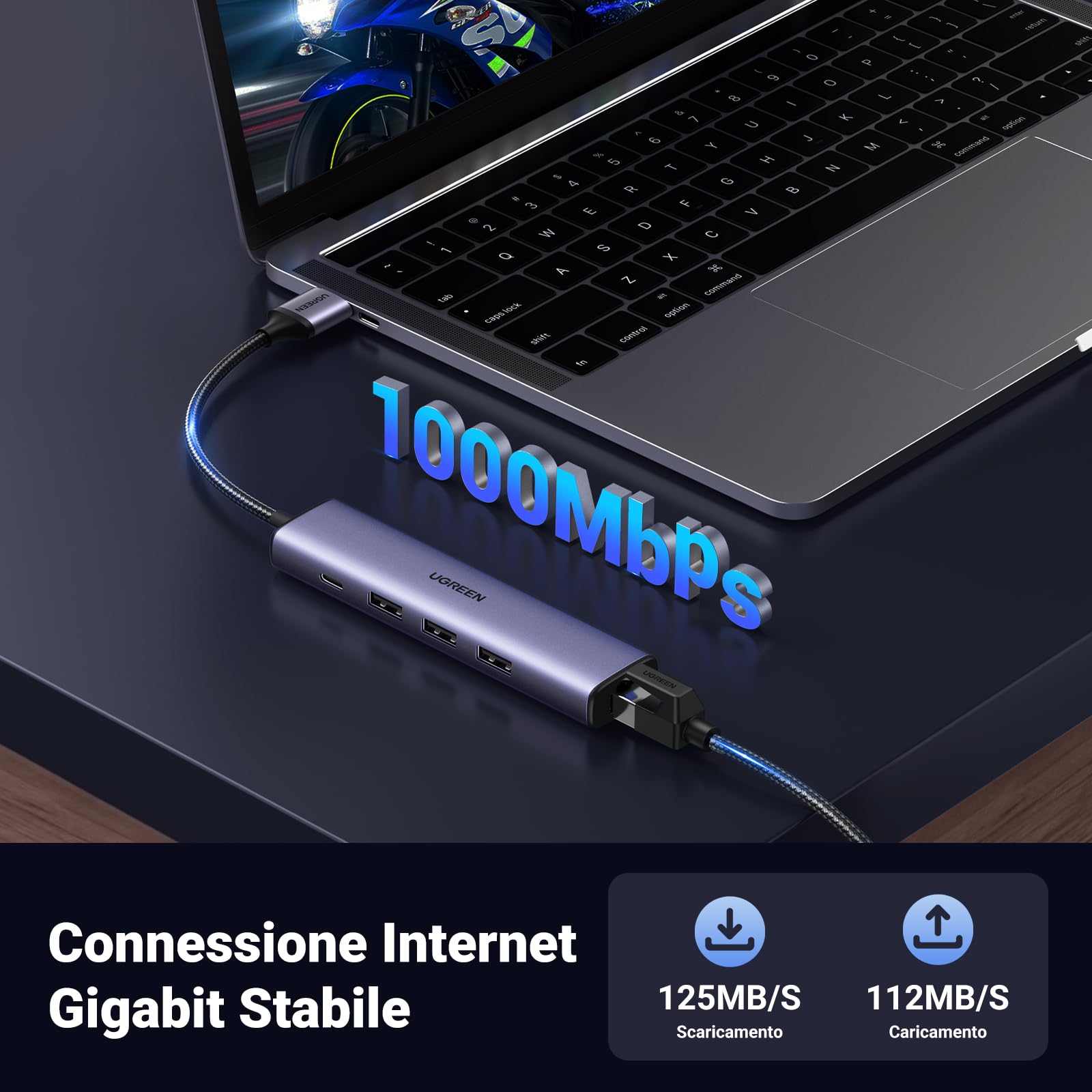 UGREEN Hub USB 3.0 Ethernet in Alluminio con Porta Alimentazione USB C 5V/2A Cavo di Nylon USB 3.0 Ethernet Gigabit Adattatore Ethernet USB a 1000Mbps Plug & Play su Windows 11 10 8 MacOS