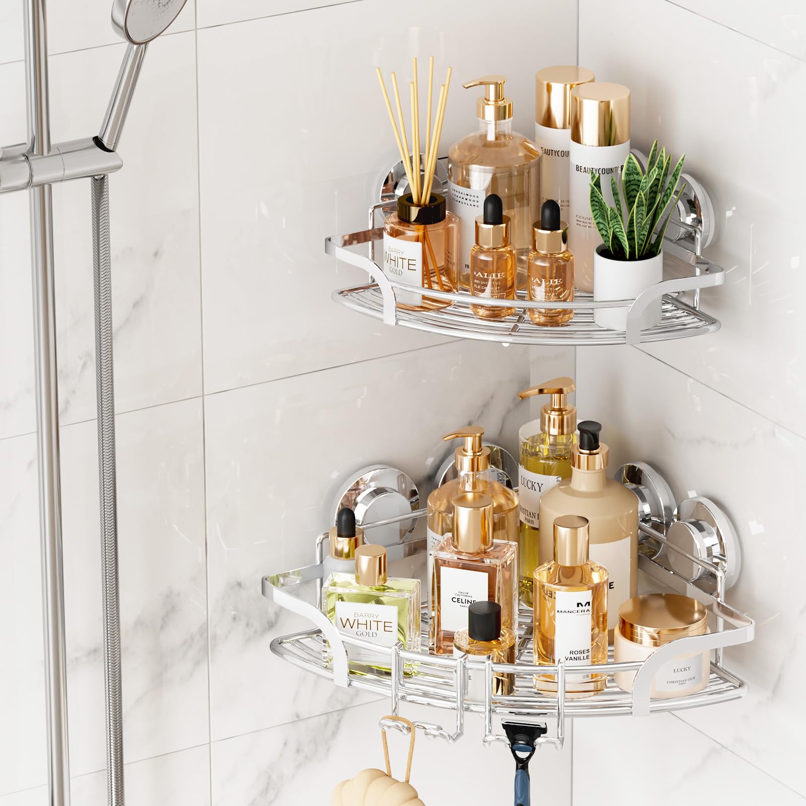 TAILI 2 Pack Powerful Suction Cup Corner Shower Caddy Stainless Steel Rustproof Shower Shelf with Hook Drill-Free Wall