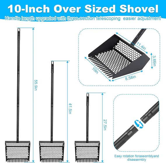2-in-1 Coop Scoop(24 to 68), Chicken Poop Scooper with Grip & Rake, Chicken Coop Accessories for Pet Waste Cleaning, Adjustable Stainless Steel Sand Sifting Litter Shovel for Chicken Coop