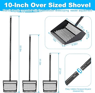 2-in-1 Coop Scoop(24 to 68), Chicken Poop Scooper with Grip & Rake, Chicken Coop Accessories for Pet Waste Cleaning, Adjustable Stainless Steel Sand Sifting Litter Shovel for Chicken Coop