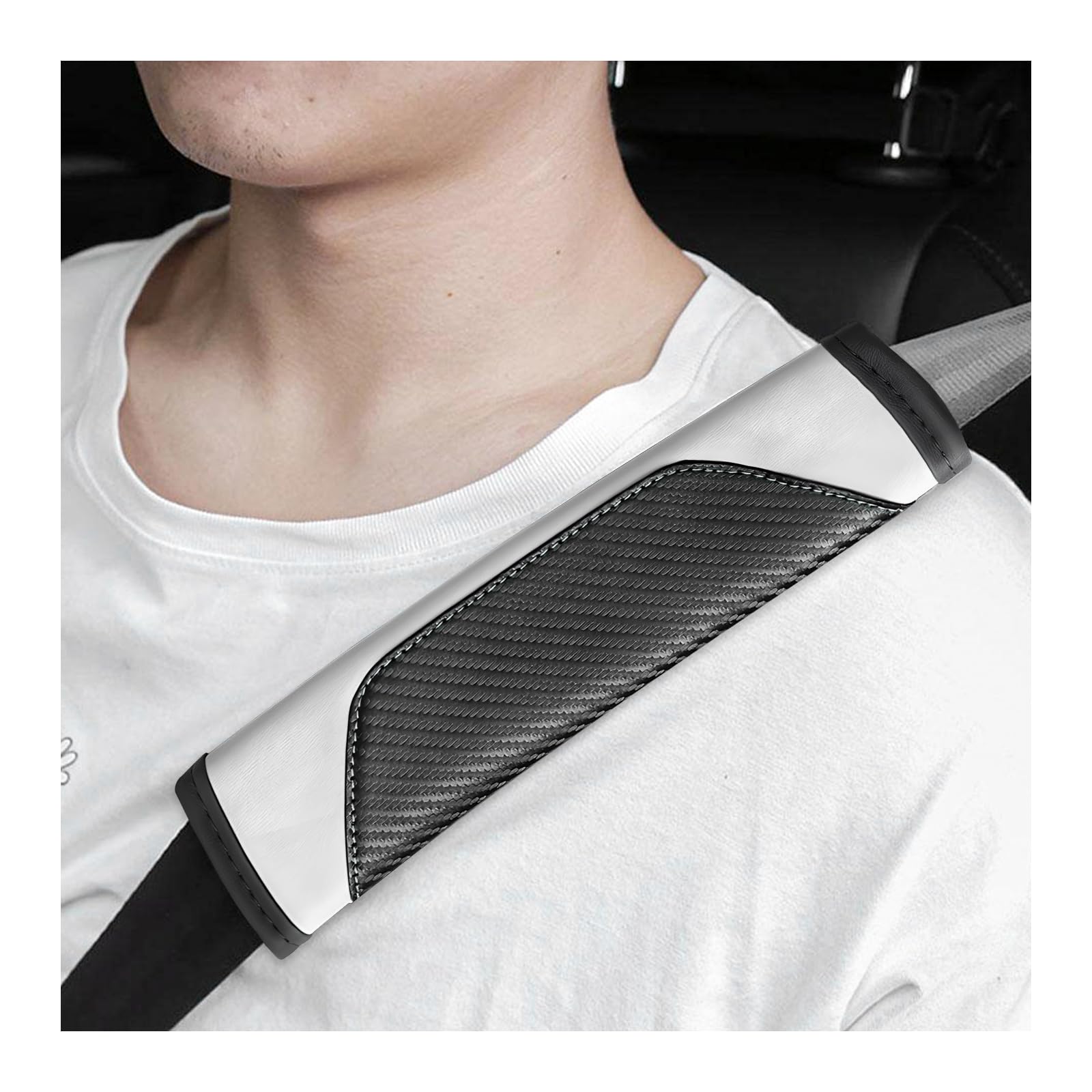 Sun Walker 2 PCS Car Seat Belt Cover, Carbon Fiber Soft Leather Auto Safety Belt Protective Cushion, Breathable Seatbelt Strap Pad for Protecting Your Neck &amp; Shoulder, Car Accessories (White)