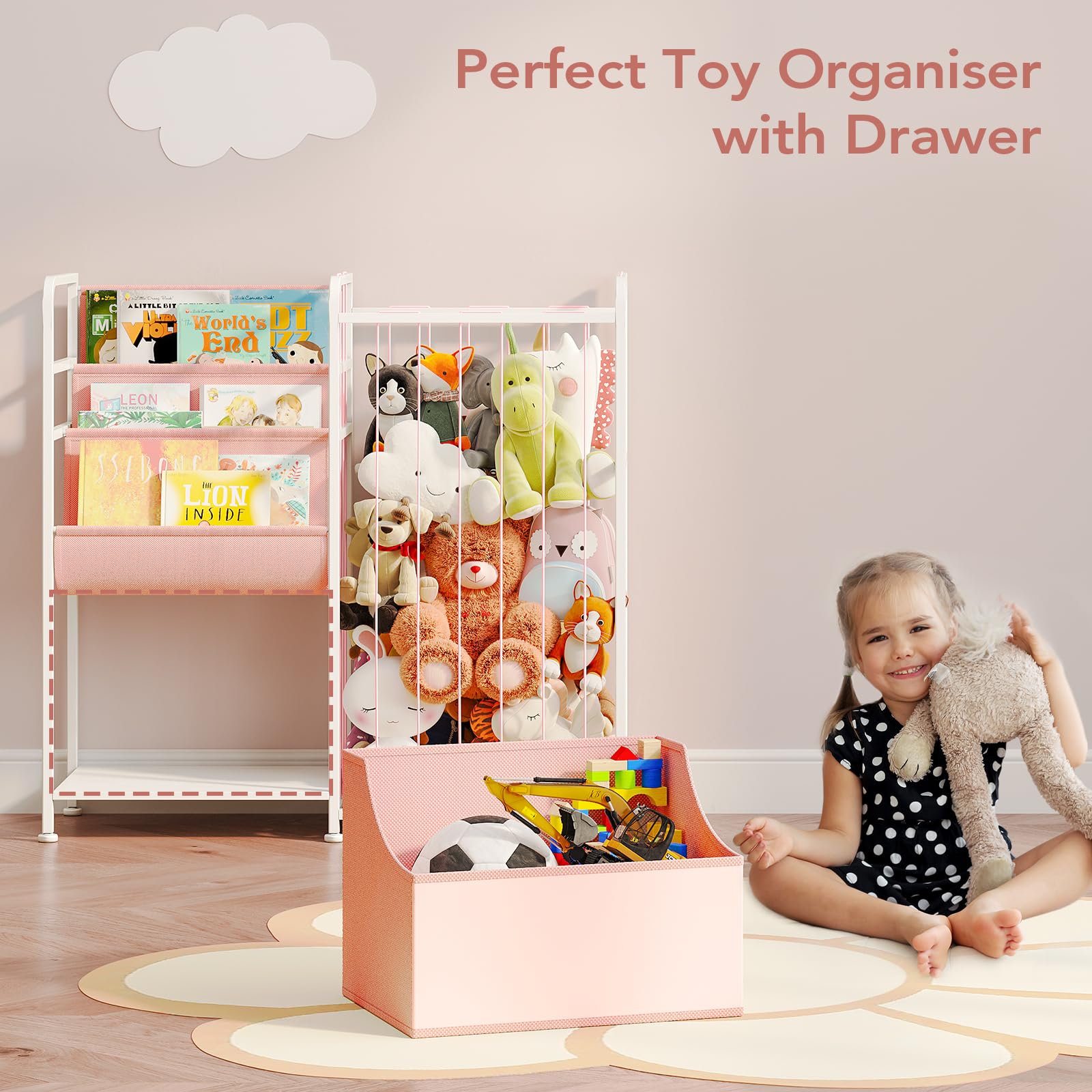 Estantería para niños y almacenamiento de animales de peluche, estantes multifuncionales para libros de guardería con caja de juguetes de cuero y exhibición de libros de PVC, organizador de 4