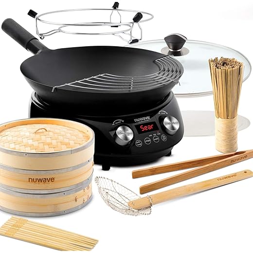 Nuwave Mosaic Induction Wok, Temp Control 100°F-575°F in 5°F, Wok Hei, Infuse Charred Aroma & Flavor, 14-inch Carbon Steel Wok, 8pc Bamboo Accessories