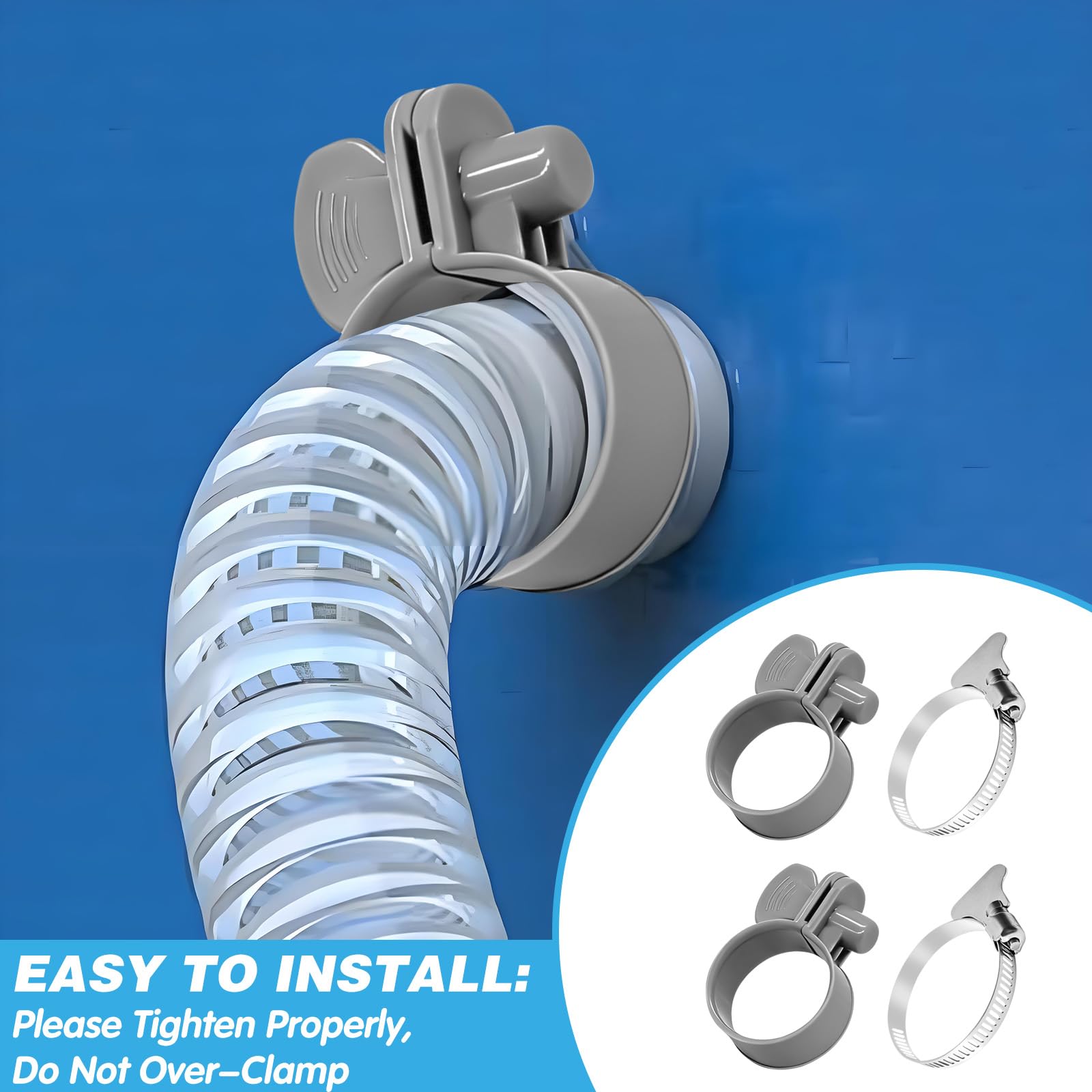 12 pezzi di clip per tubi in plastica per connettore di tubo da piscina, con clip regolabili per pompe filtranti da 1 1/4 pollice e 6 parti di ricambio in metallo 304 per le cinghie del collo.