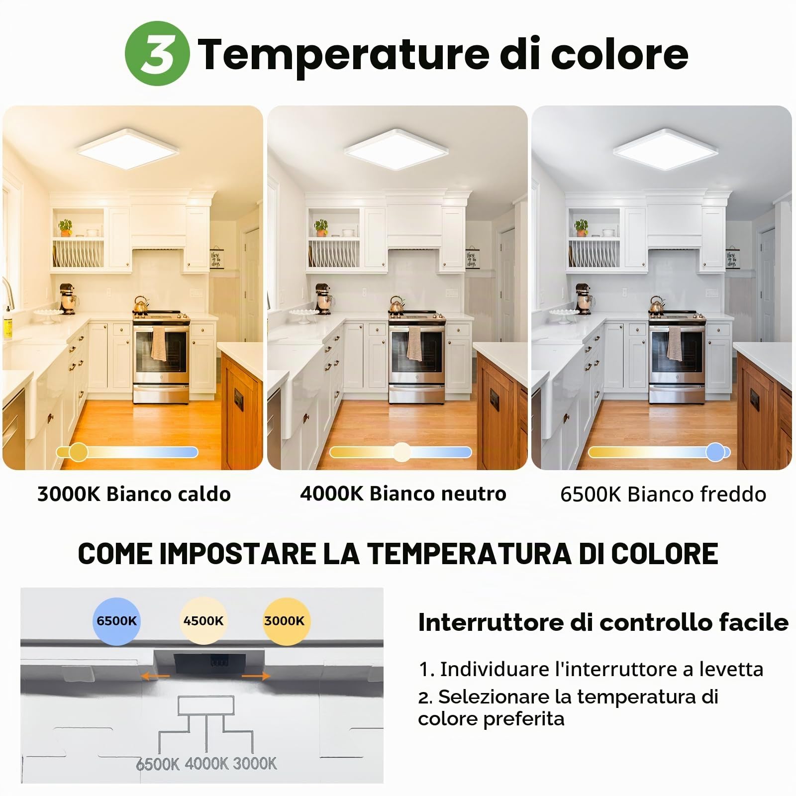 zemty Plafoniera LED Soffitto Quadrata, 3colori-3000K/4000K/6500K, Plafoniera Bagno IP44 Impermeabile, Lampada da Soffitto Moderna 24W 2800LM per Cucina, Camera da Letto, Corridoio, Balcone, Ø29CM