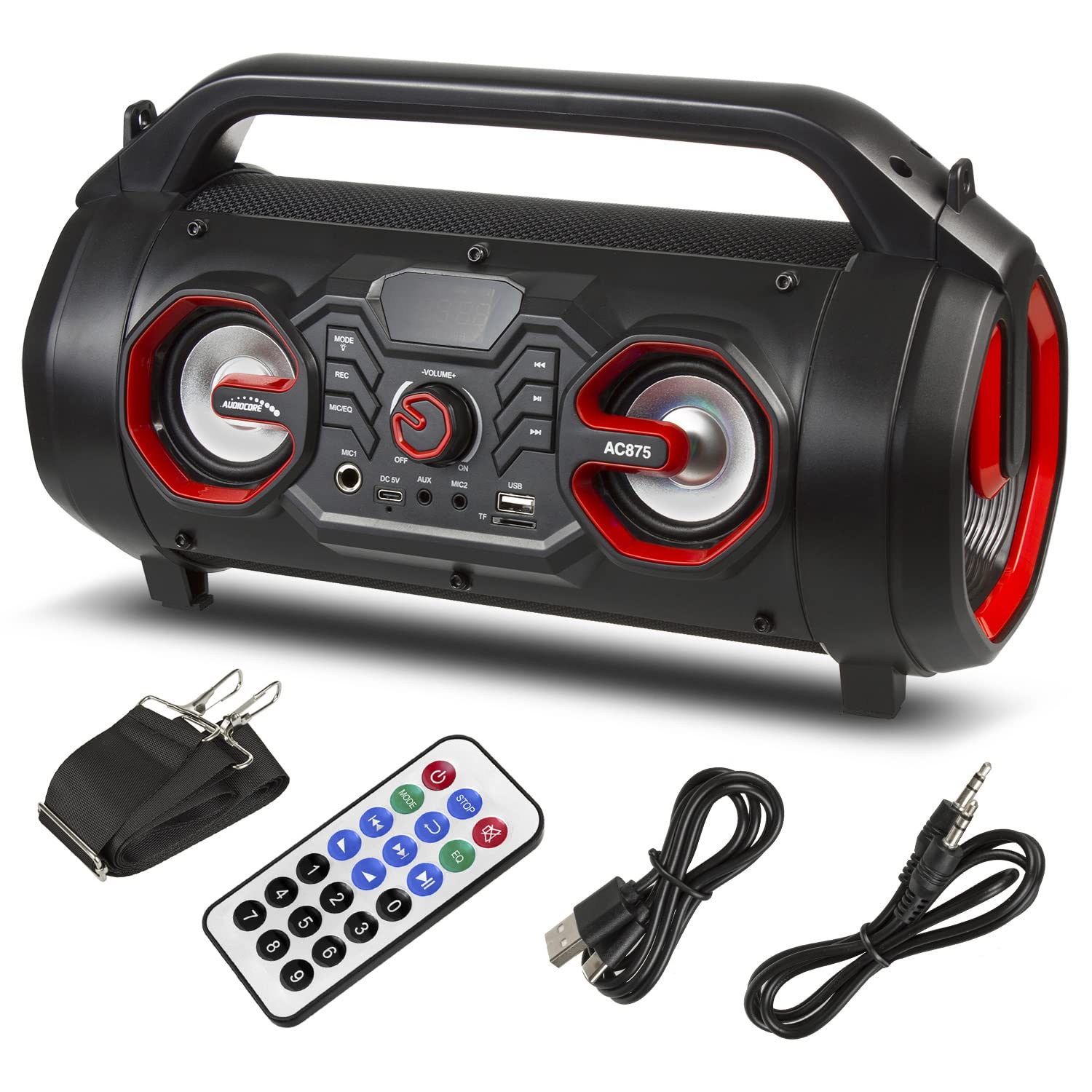 Audiocore AC875 Bazooka Altavoz Bluetooth Portátil Boombox 20W + 5Wx2 IPX4 / Radio/microSD/Aux-In/USB/Iluminación/Puerto de Micrófono