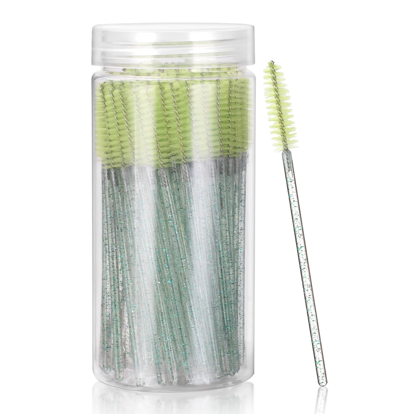 ATOMUS 100 Pack Mascara Wands Disposable Eyelash Mascara Eyebrow Brushes Applicator Multicolored Makeup Cosmetic Brush with Crystal Handle for Eyelash Extensions Mascara Use (100pcs Green with Container)