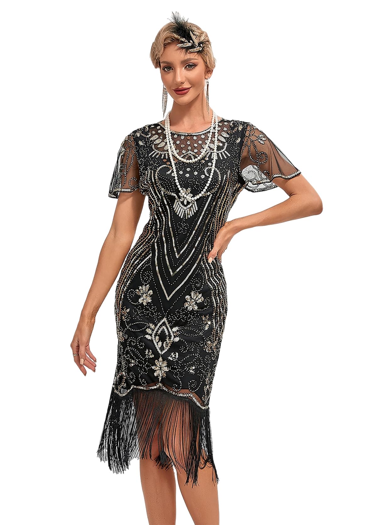 Viloree Mujer Flapper Vestidos 1920s Cuello En V con Flecos De Cuentas Gran Gatsby Vestido Lentejuelas Vestido Deco