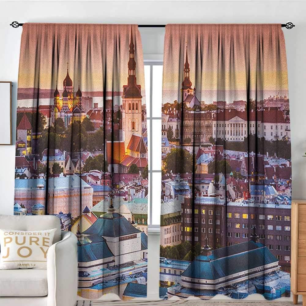 NUOMANAN Rod Pocket Curtains Travel,Tallinn Estonia Old City with Aerial View Dusk Sunset Cathedrals Tourist Attraction, Multicolor,Insulating Room Darkening Blackout Drapes for Bedroom 100"x96"
