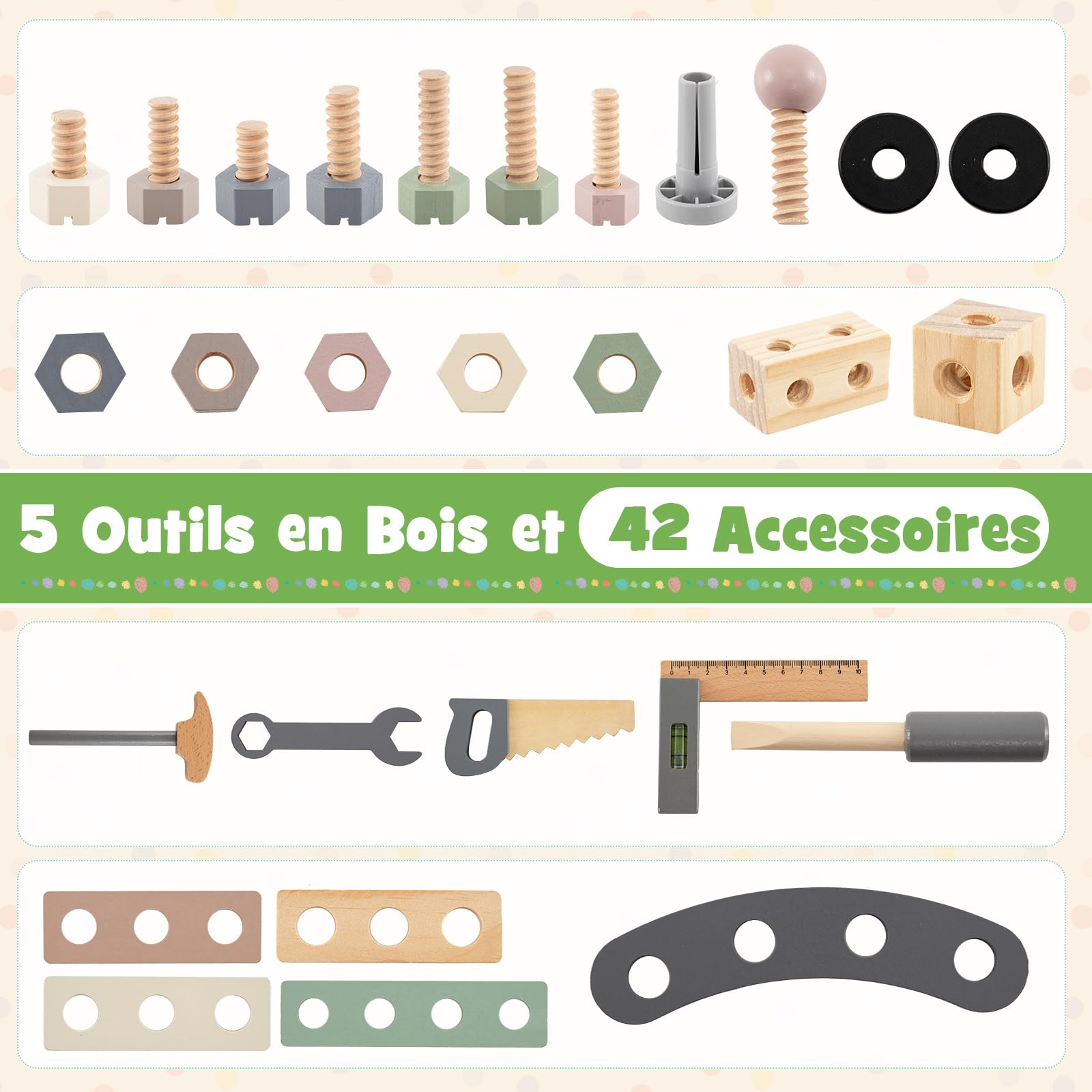 COSTWAY Établi Enfant en Bois avec 5 Outils et 42 Accessoires