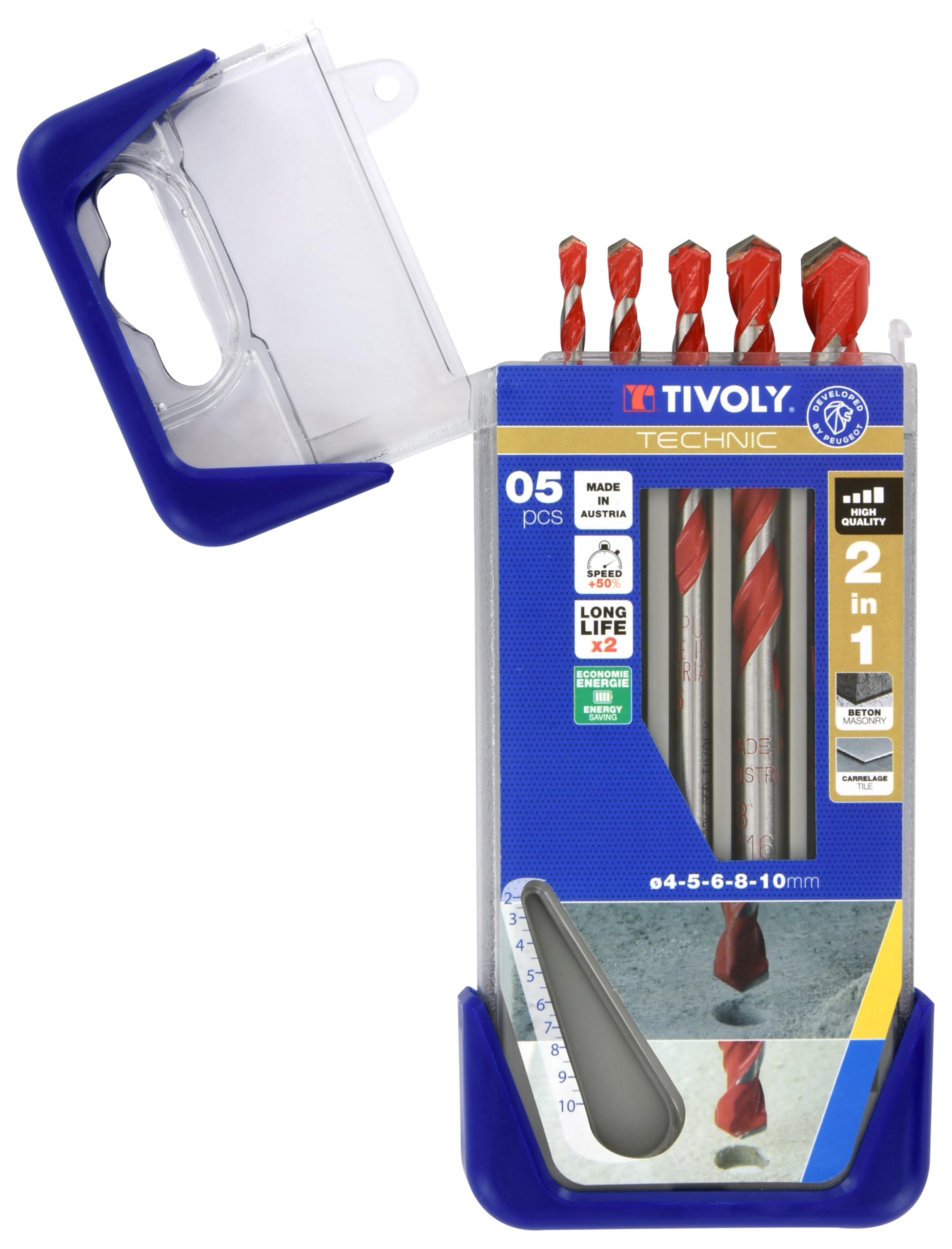 TIVOLY 10913070002 - CLIPSTER 2in1 TECHNIC Brocas 2 in 1 HORMIGON AZULEJO Ø 4-5-6-8-10 mm