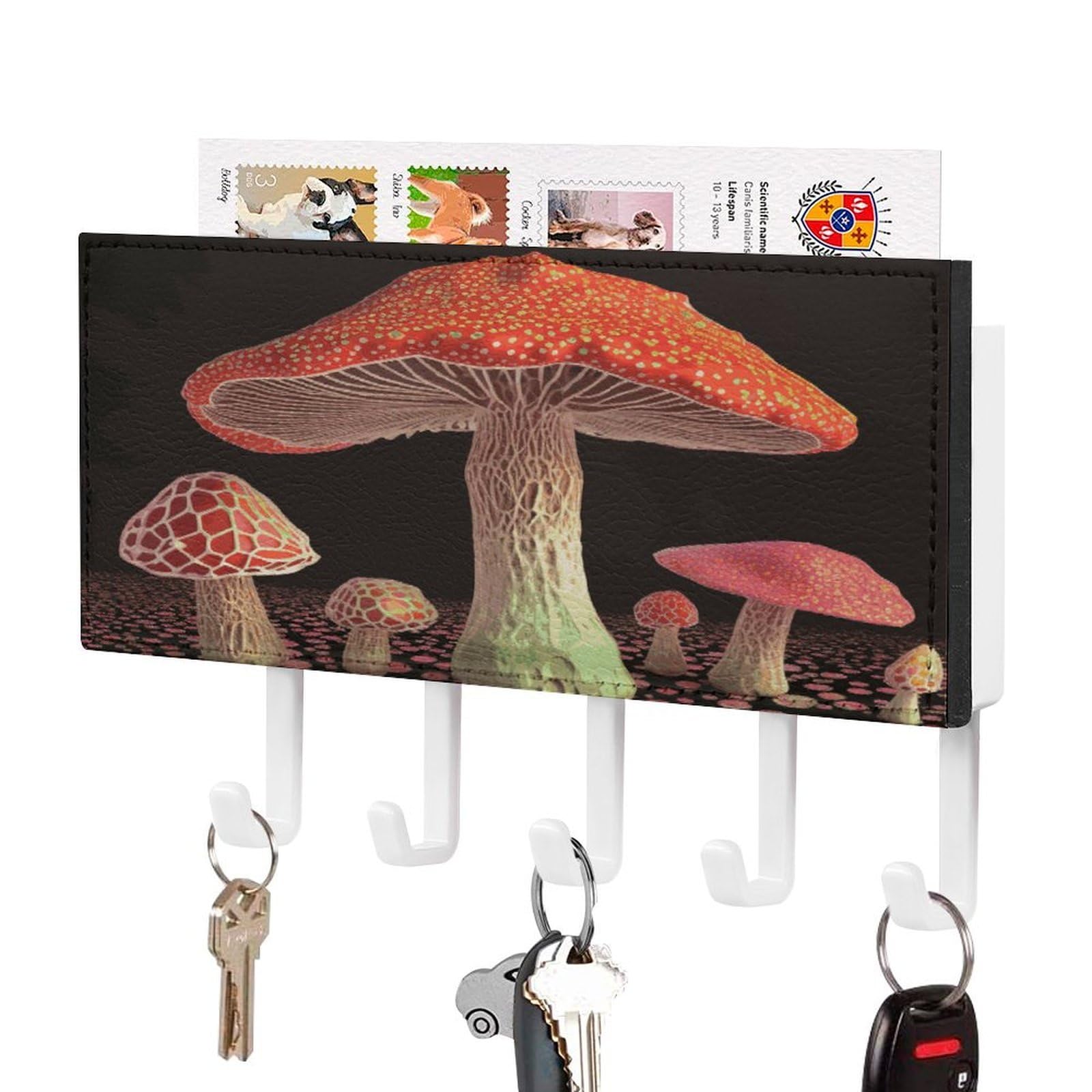 FekiLoot Mushroom Key Holder Wall Mount Key Hooks for Wall Decorative with 5 Hooks PU Mail Rack Organizer with Shelf for Entryway Mudroom Hallway Office 7.1X4.3 in