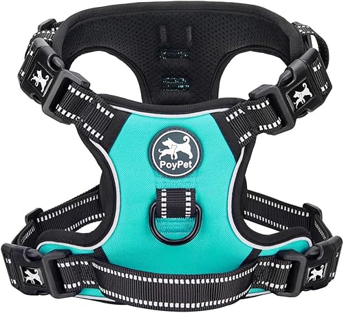 PoyPet - Arnés para perro con 4 hebillas a presión reflectivo con 2 ganchos delanteros y traseros y un mango de fácil control no necesita pasar por