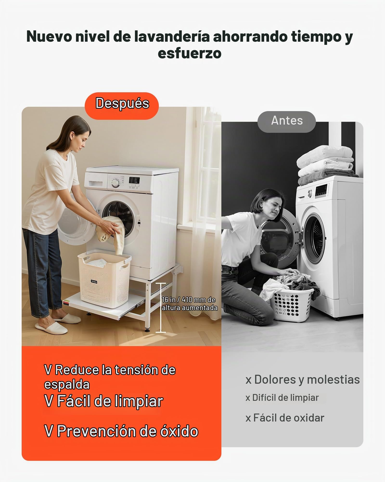 VEVOR Soporte para Lavadora Alto de 430 mm, Base de Lavadora de Acero Resistente, Capacidad de Carga de 318 kg, Pedestal Universal para Secadora con Bandeja Extraíble, Patas Antideslizantes, Blanco