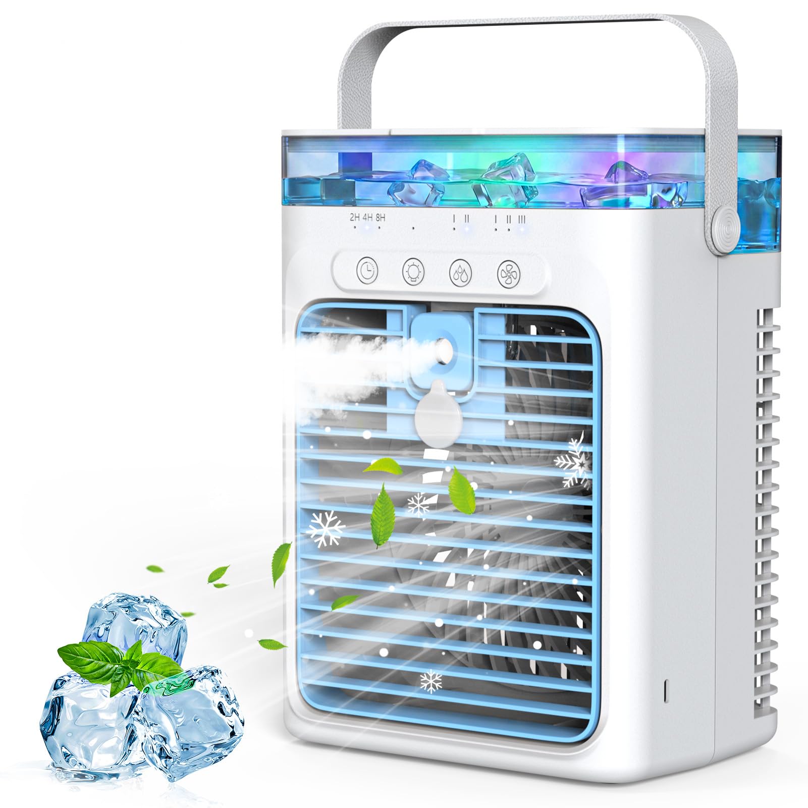 Tiptop Home White Blue Portable Air Conditioner, 4 In 1 Mini Air Cooler With 1000Ml Water Tank, 3 Speeds & 2 Mist Modes, 2/4/8H Timer, Ambient Light, Usb Evaporative Mobile Ac Cooling Fan For Home Bedroom Desktop Office