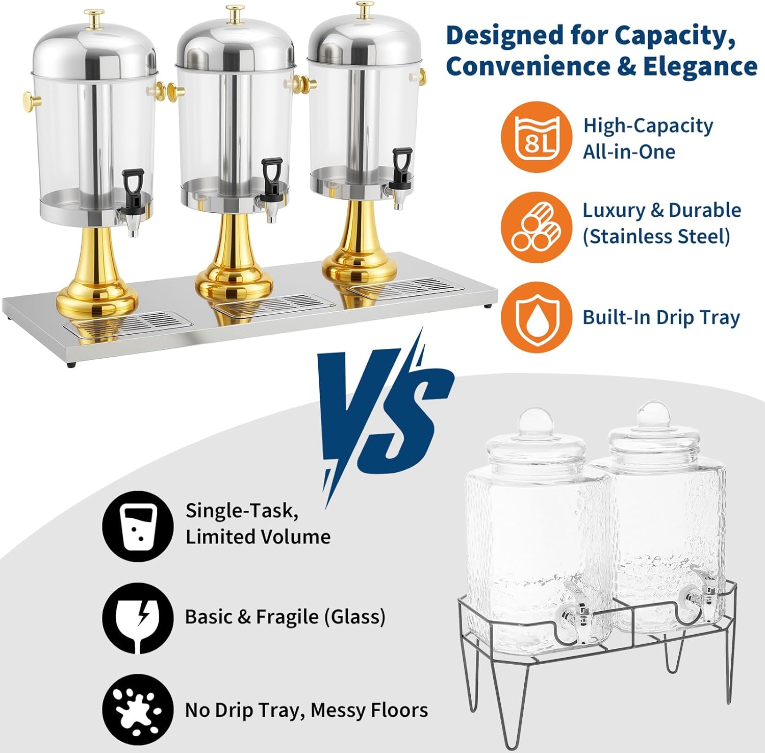 Commercial Cold Drink Dispenser, 6.6 Gallon Large Capacity Beverage Dispenser with Ice Core, Stand & Spigot, Stainless Steel Juice Dispenser for Parties, Weddings, Hotels & Catering, Gold