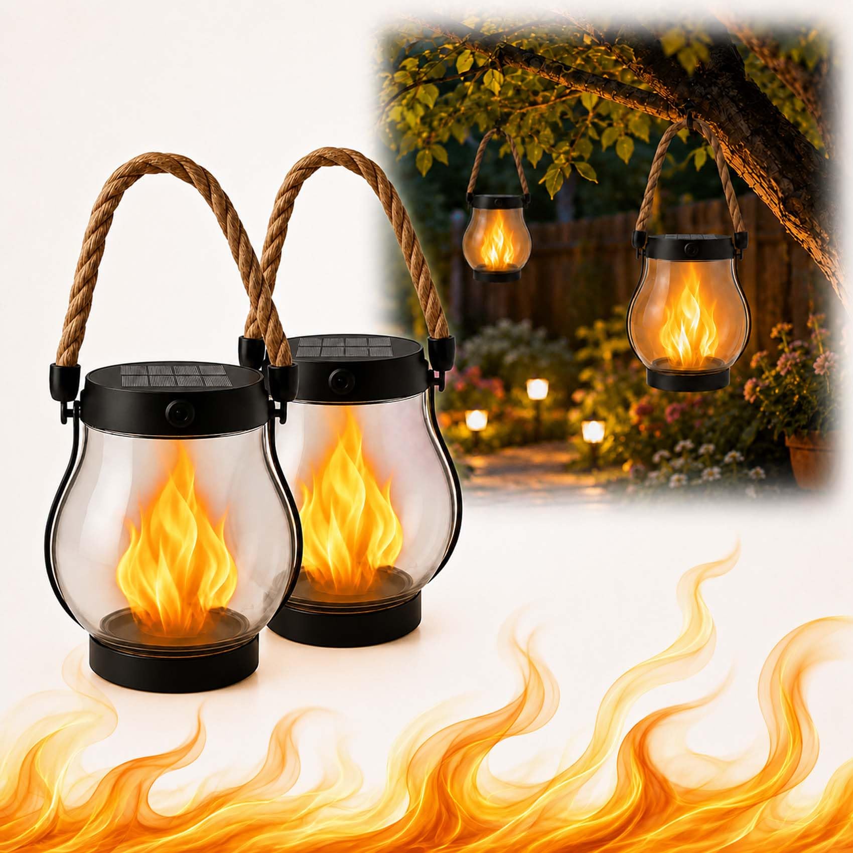 Klynero Solar-Laterne mit Flammeneffekt, USB Wiederaufladbare Außenleuchte (Transparent *2)