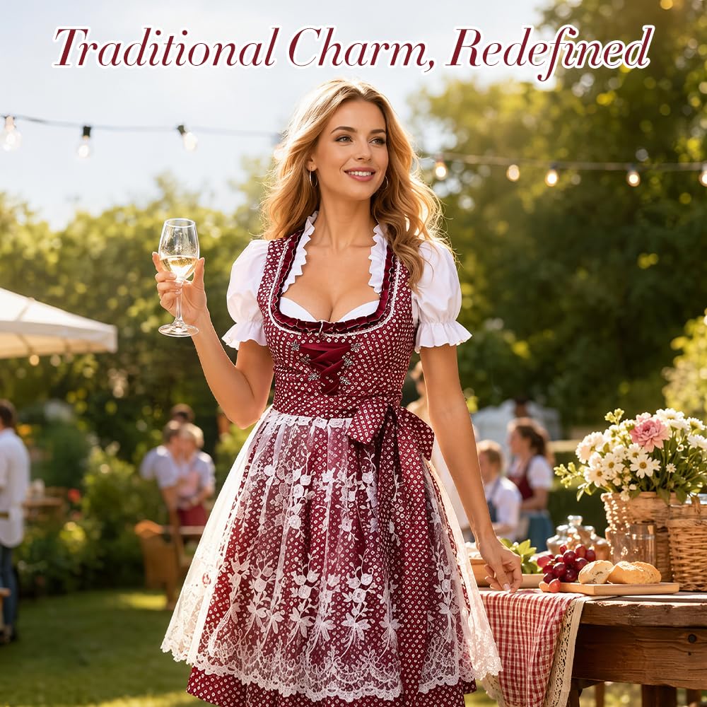 Foreverup Damen midi Trachtenkleid, Tachtenkleid für Oktoberfest, Damen Weinrot Trachtenkleid, Germandress für Oktoberfest mit Trachtenbluse Spitze Midi Rock Schürze für Besondere Anlässe