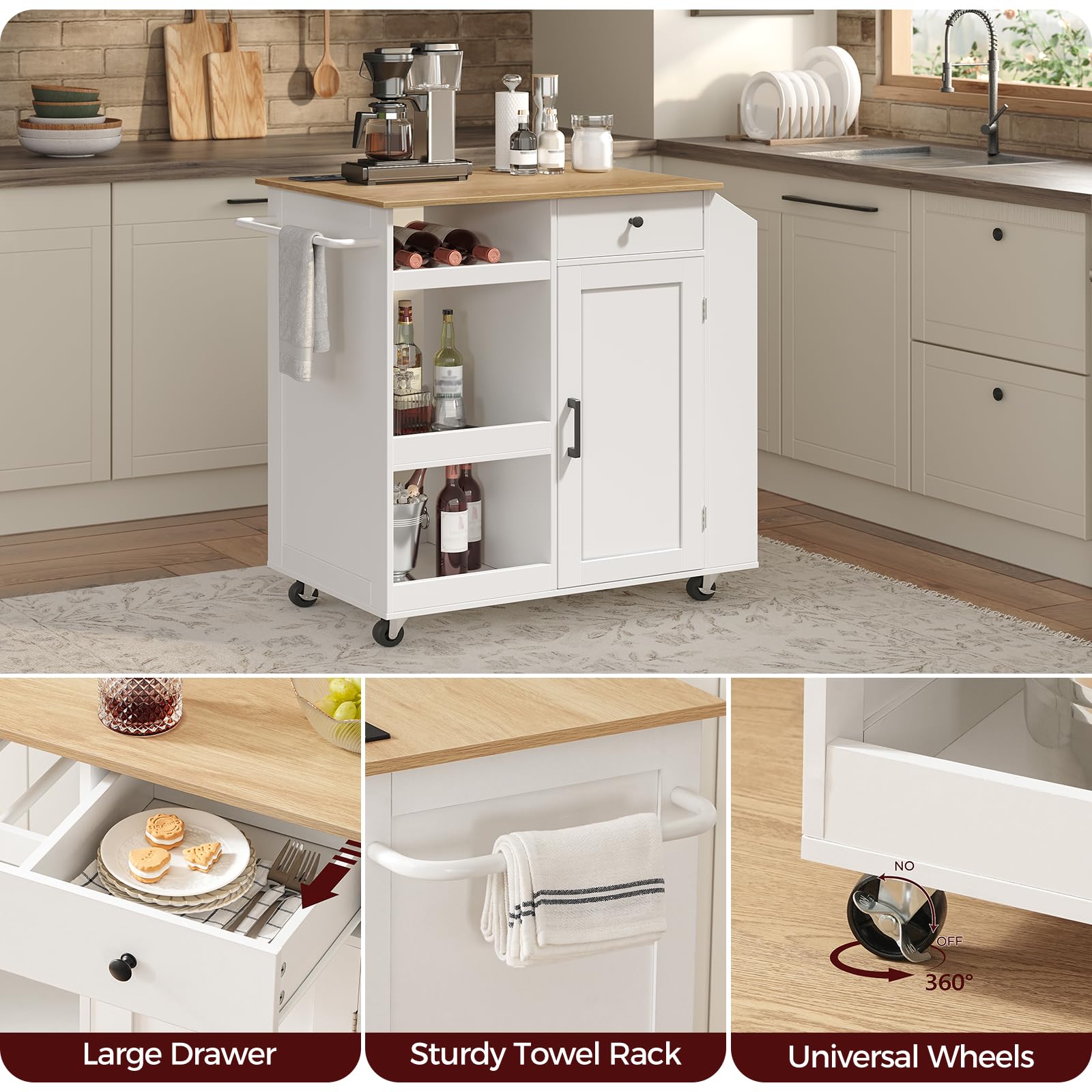 MAHANCRIS Carro de Cocina, Isla de Cocina, con Armario de Almacenamiento, Cajón y Especiero, Carrito Auxiliar con Enchufe Múltiple, para Comedor, Blanco y Natural AKINW122UE01