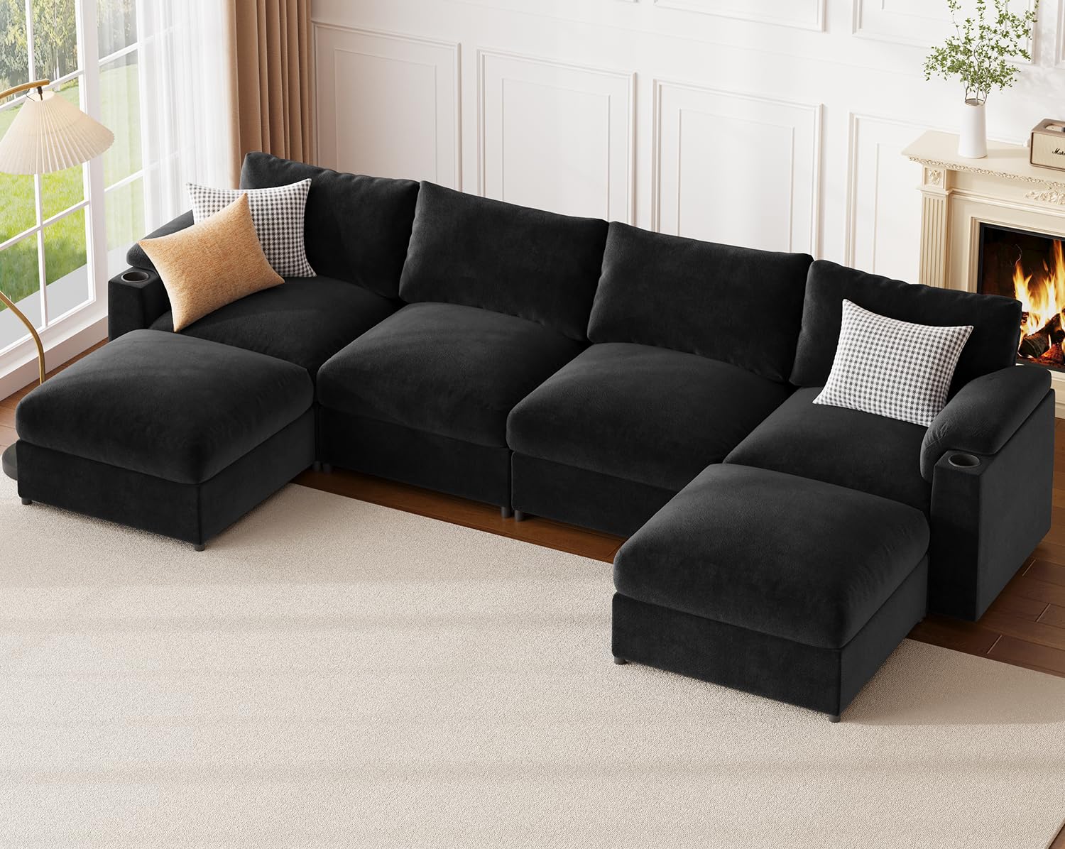 Sectional Couches for Living Room FSC Certified Velvet Modular Couch Oversized Cloud U Shaped Convertible Sleeper Sofa Chaise Detachable Armrest Cushion (Chenille Black, U Shape 6 Seat)