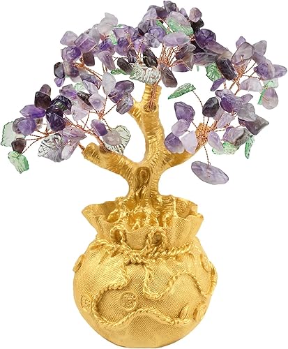 mookaitedecor Árbol de dinero de cristal de amatista con base de bolsa de dinero dorada para suerte de riqueza, árbol de Feng Shui, adorno de bonsái