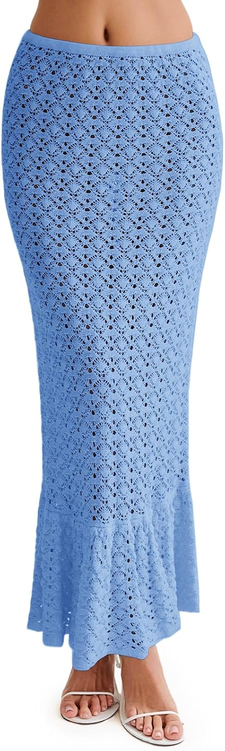 Saodimallsu Womens Crochet Cover Up Skirt High Waisted Sheer Knit Summer Swimsuit Coverup Beach Fishtail Maxi Skirts