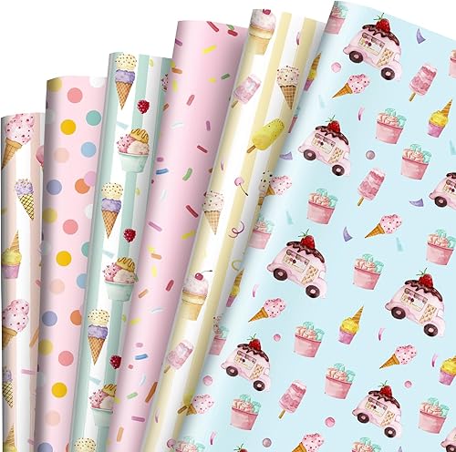 Miniatura 1 de 12 hojas de papel de regalo de helado, papel colorido de regalo de verano, papel de arte decorativo pastel a granel para manualidades de primavera y