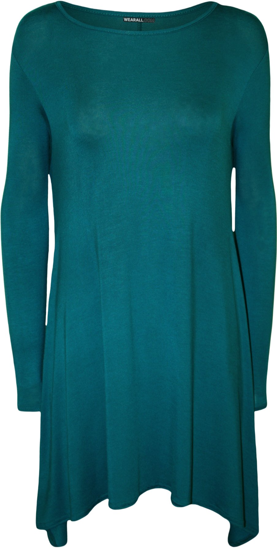 WearAll Plus Size Womens Plain Long Sleeve Stretch Ladies Swing Dress Top - Teal - 20-22