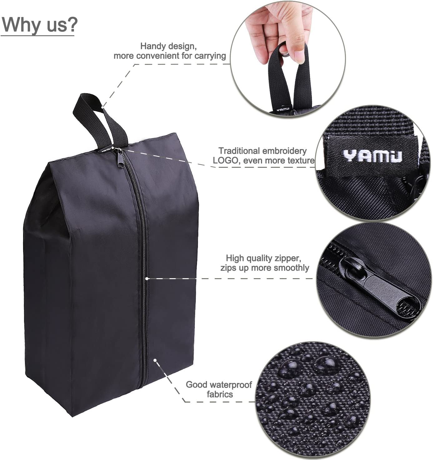 YAMIU Travel - Juego de 2 Bolsas Impermeables de Nailon con Cremallera para Zapatos para Hombre y Mujer (Negro)