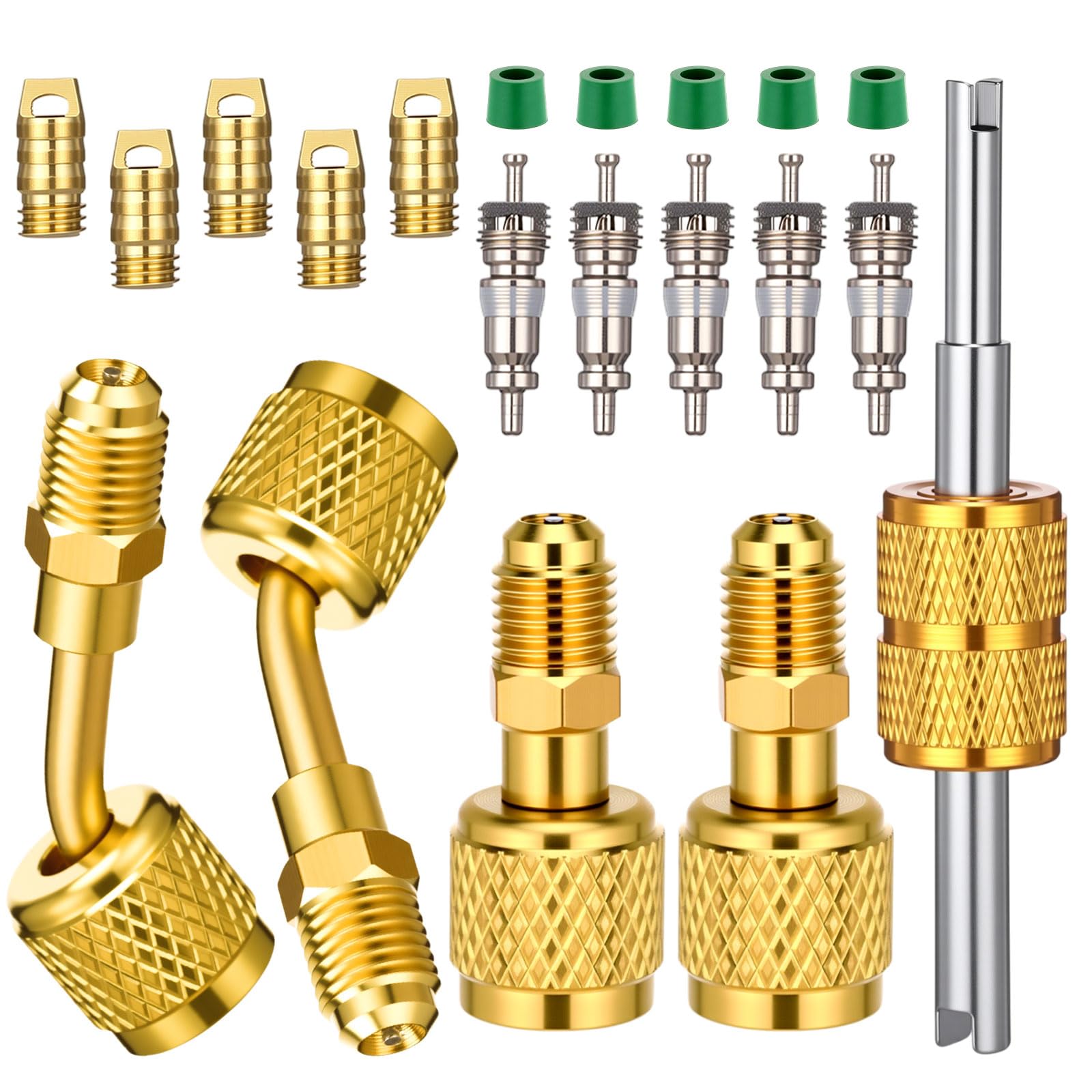 Mudder 20 Pcs R32 R454B A2L Refrigerant Adapter Kit, Hvac Connect Fittings,1/4 Inch Female to Male Reverse Thread Fitting with Valve Core Remover for