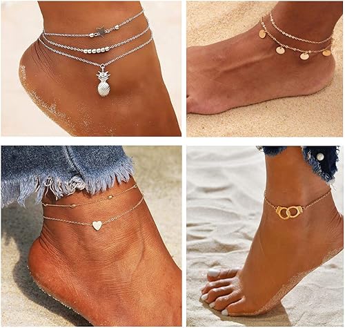 Miniatura 3 de FUNEIA Juego de 1216 tobilleras para mujer, tobilleras de oro plateado, estilo bohemio, en capas, cadena ajustable, tobillera y pie, Aleación.
