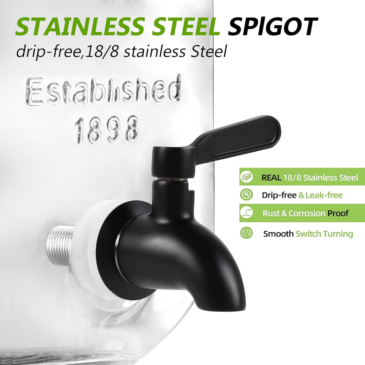 1 Gallon Drink Dispenser with Spigot 18/8 Stainless Steel – Airtight & Leakproof Glass Sun Tea Jar with Anti-Rust Lids, Beverage Dispenser for Parties (Black) - Image 6