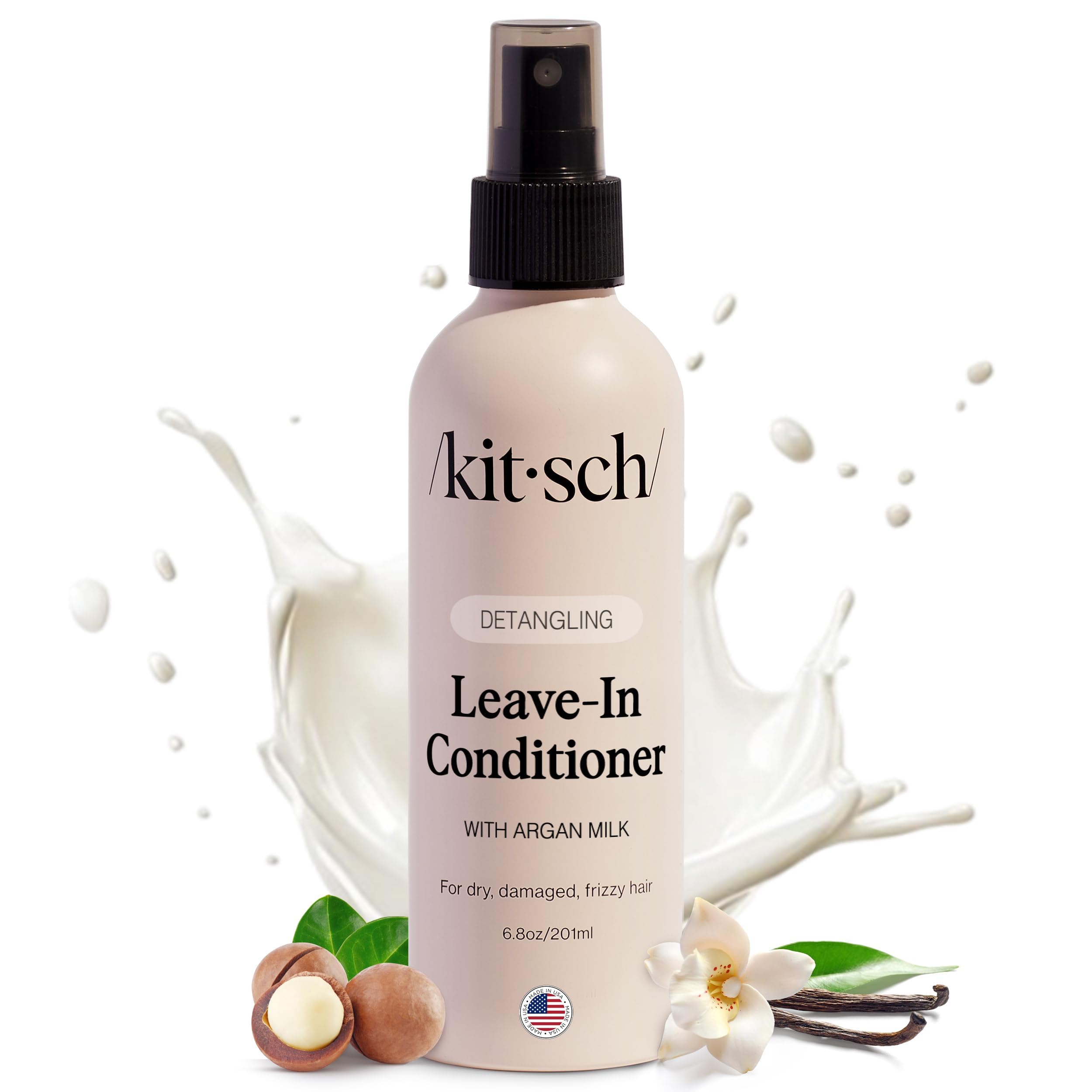 Kitsch Argan Milk Leave In Conditioner for Curly Hair, Detangler Spray for Wavy, Fine, Dry & Damaged Hair, Sulfate-Free Frizz Control for Women, Men & Kids, Lightweight Moisturizer - 6.8oz