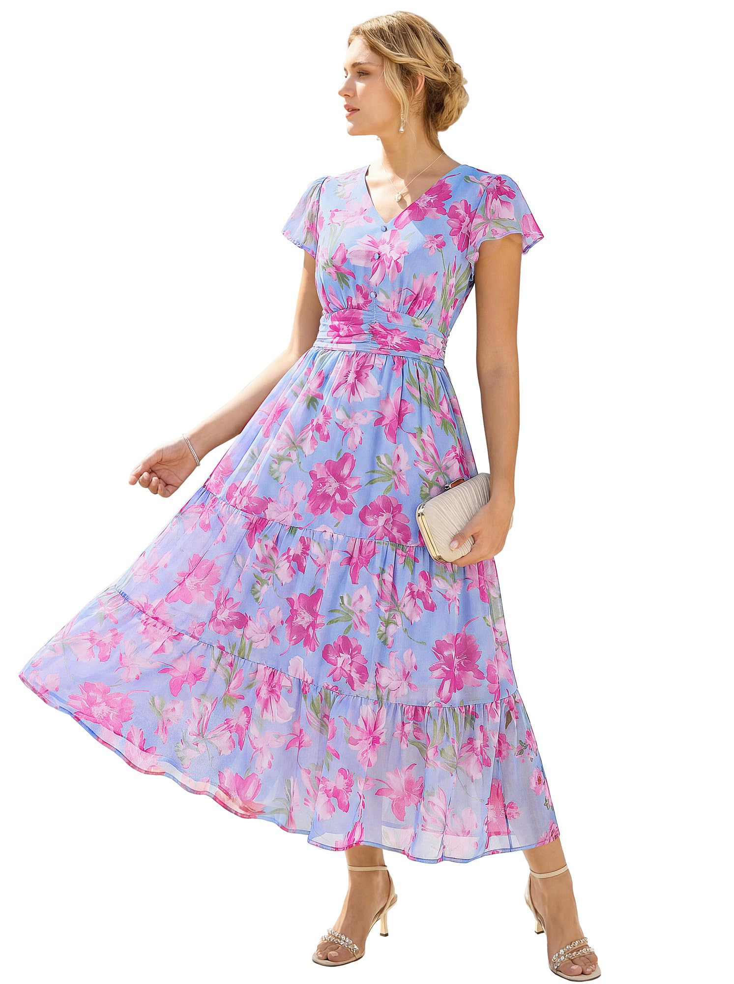 GRACE KARIN Abito estivo da donna con scollo a V, motivo floreale, con tasche, maniche a volant, linea ad A, aderente in vita