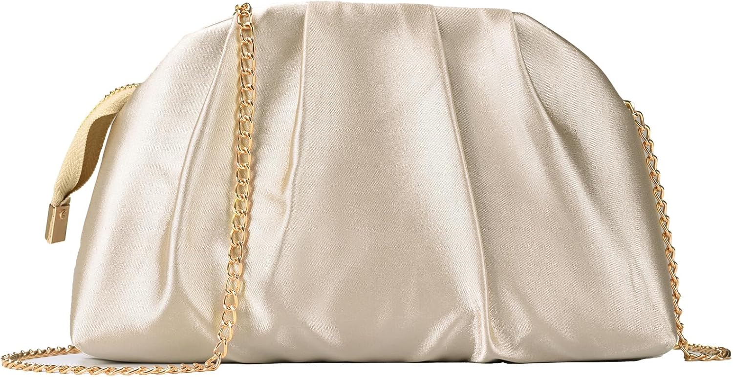 Pleated Clutch Purse for Women Satin Formal Evening Bag Handbag for Wedding Prom Cocktail Party with Shoulder Strap
