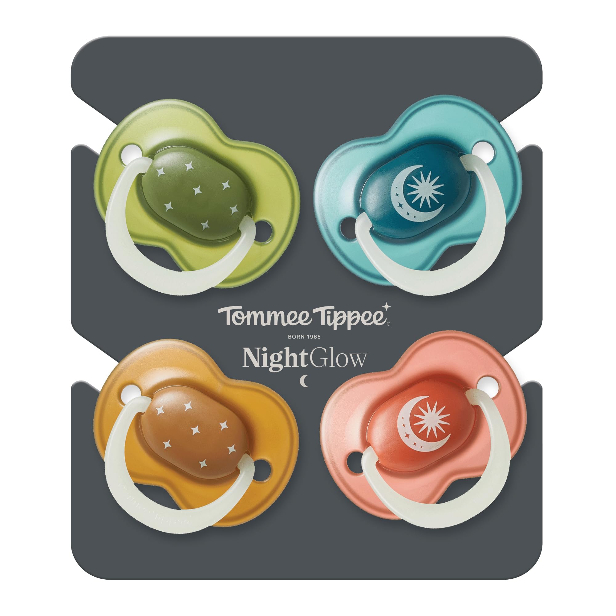 Tommee Tippee chupete NightGlow, 18-36 meses, Pack de 4, Brilla en la oscuridad, Tetina ortodóntica, Orificios adicionales, Forma simétrica, Silicona 100% sin BPA, Tonos crepusculares