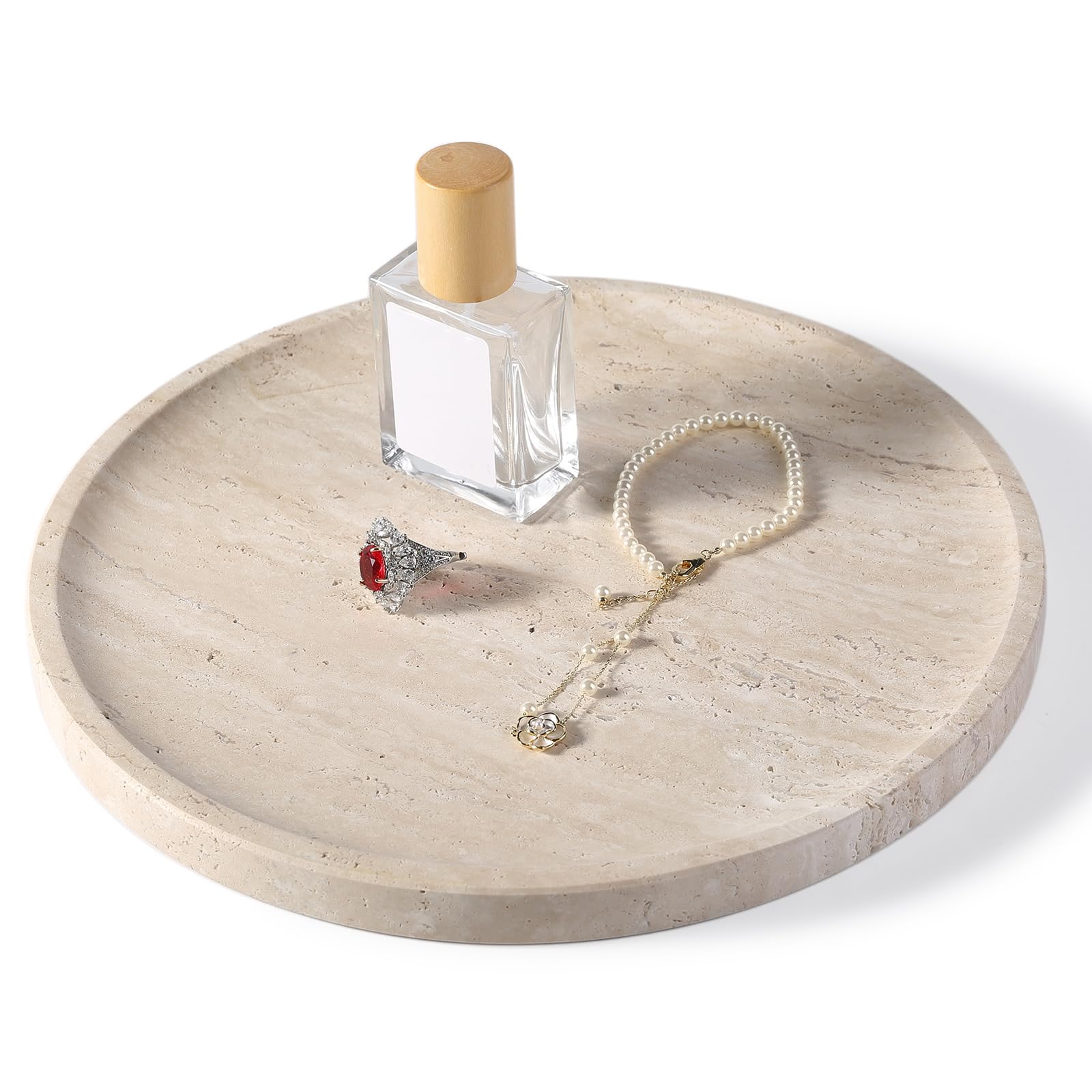 Travertine Tray, 9.8” Round Marble Vanity Tray for Bathroom, Kitchen Counter Dresser and Coffee Table Decor, Stone Decorative Tray for Jewelry, Perfume, Cosmetics, Countertop Storage Organize (Beige)