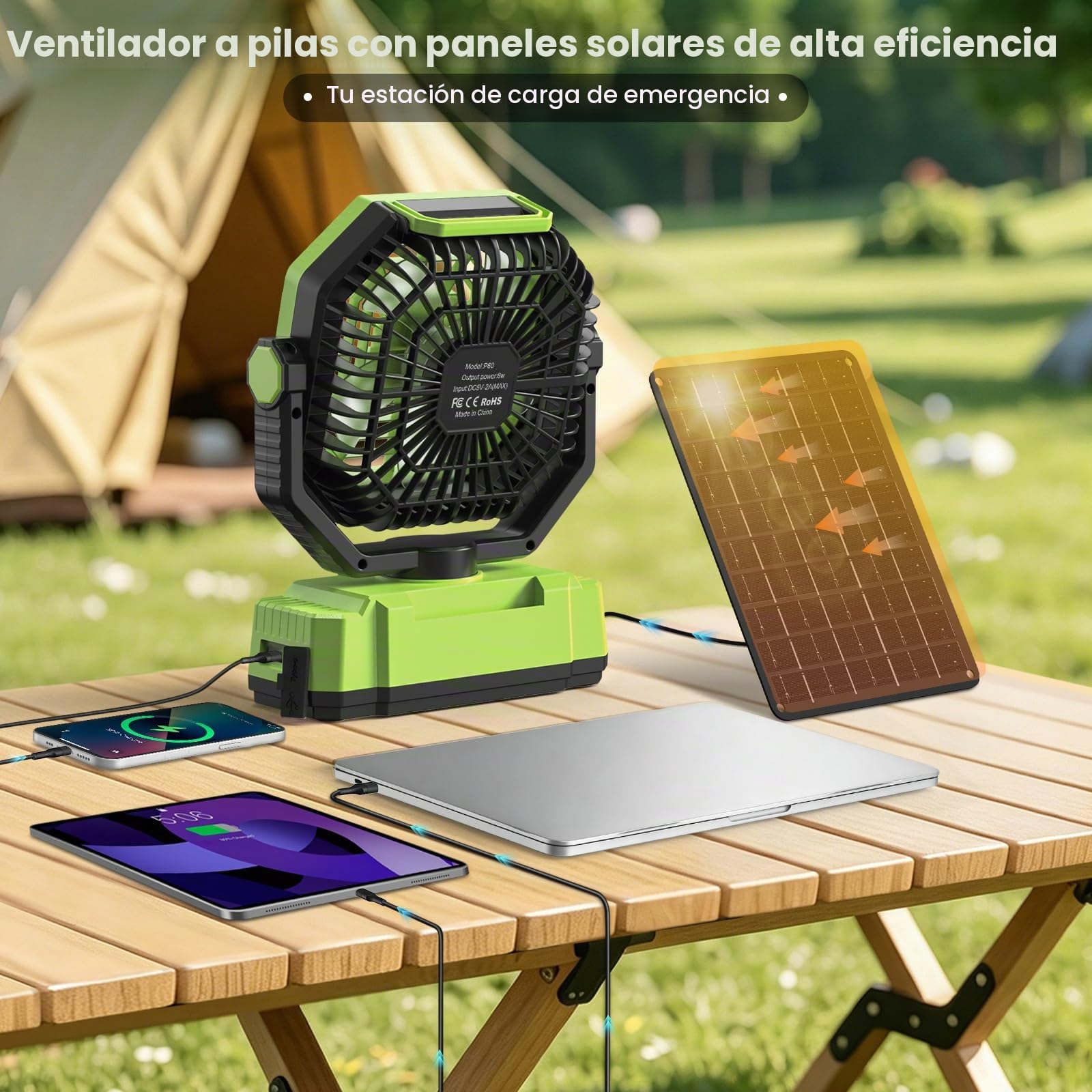 Ventilador Camping con Panel solar de 10 W, Pantalla Digital,Batería de 20000 mAh,Oscilación 270°,Control Remoto,Temporizador, luz LED,Gancho,Ventilador USB Portatil para Exterior y Hogar (Verde)