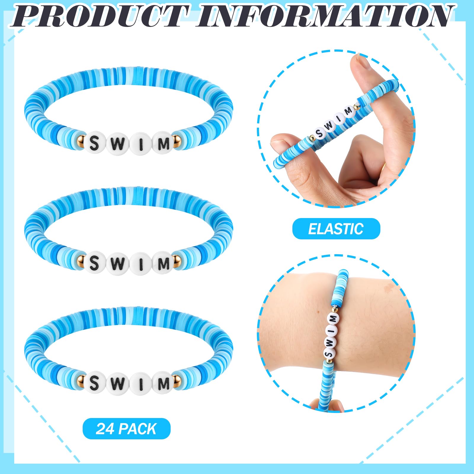 Tondiamo 24 Pcs Swim Bracelet Gifts Bulk, Swimmer clay beaded bracelet Charm Gifts for Teen Swim Accessories for Team Coach Teen Swimmer Team Kids Party Favors