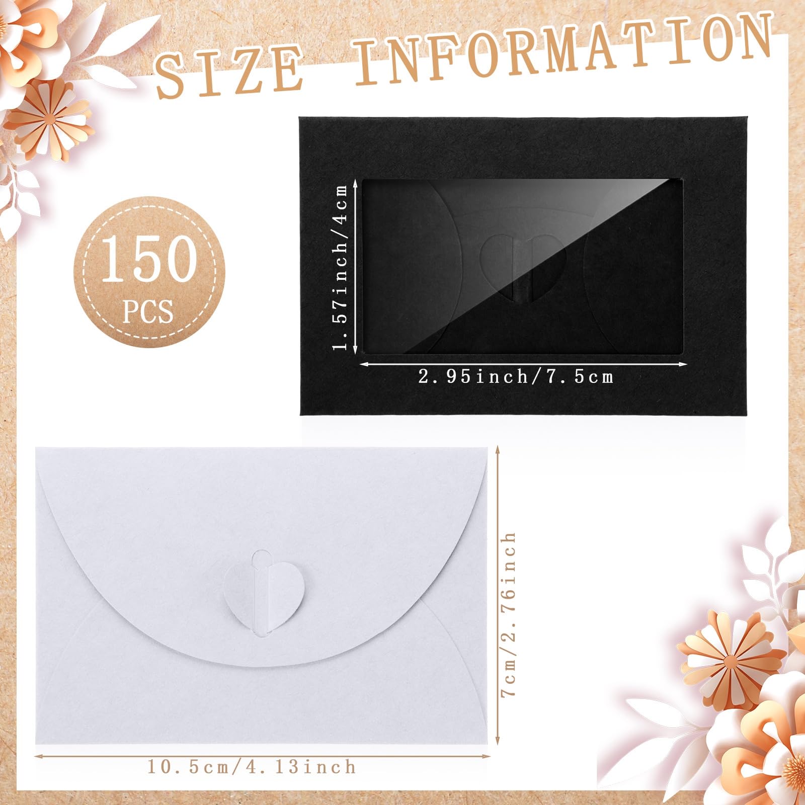 Uiifan Lot de 150 enveloppes vierges pour cartes cadeaux avec fenêtre transparente, 10,2 x 7,1 cm, mini enveloppes vierges avec fermoir en forme de cœur, pochettes pour cartes de visite, cartes clés