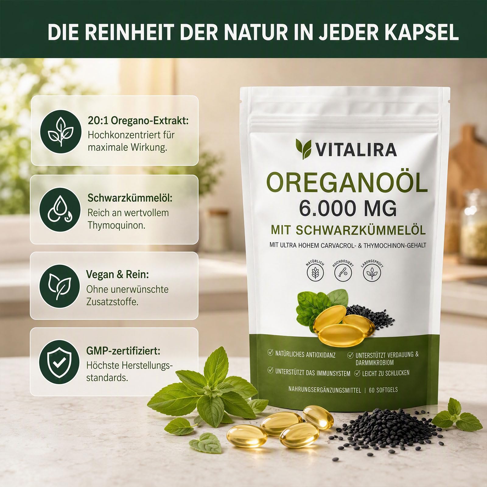 Vitalira Oregano-öl Weichkapseln 6000 mg – 60 Softgels