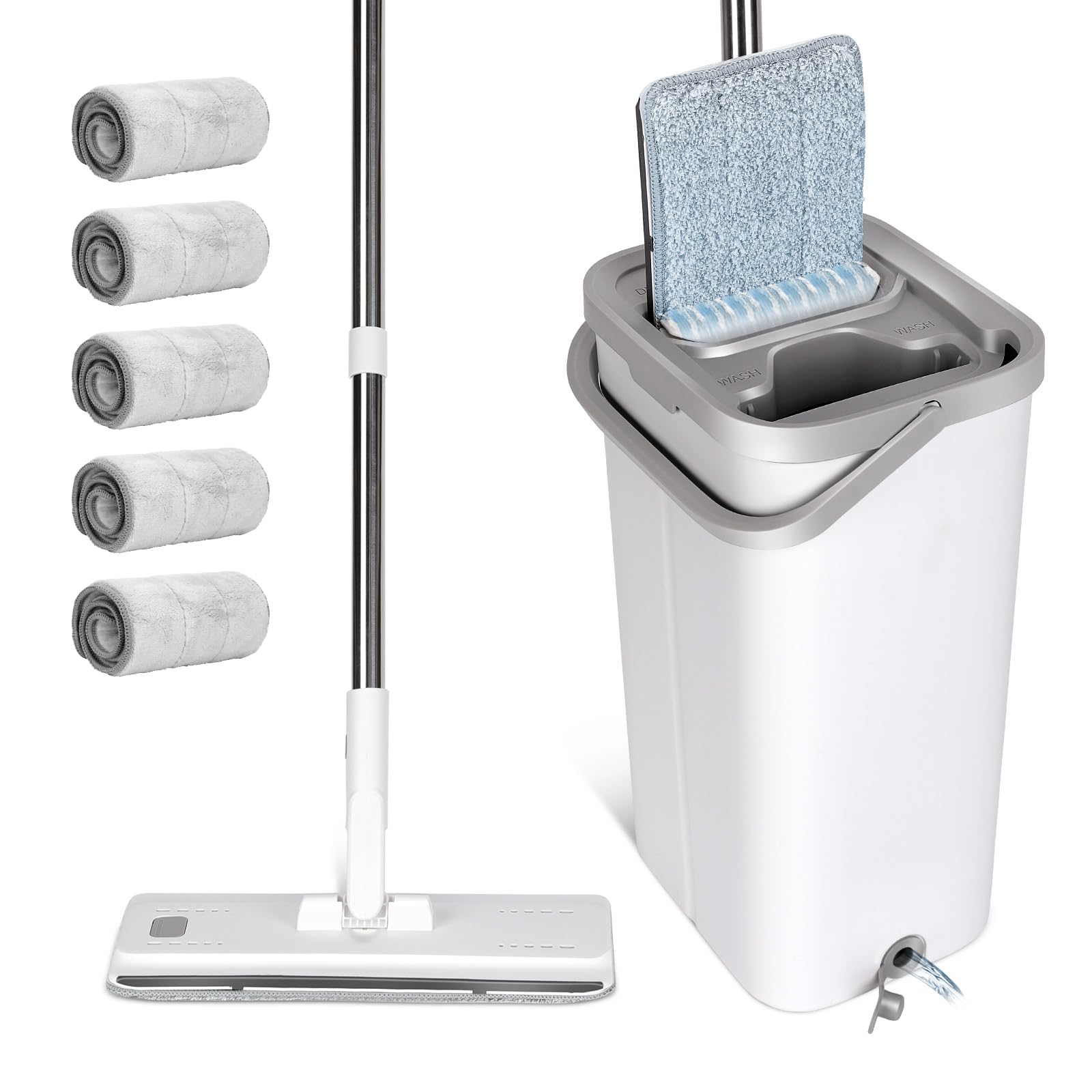 MasthomeMop and Buckets Sets, Flat Mop Bucket with 5pc Reusable Pads & 130cm Long Handle, Microfibre Mops for Cleaning Laminate Tile Hardwood Floors