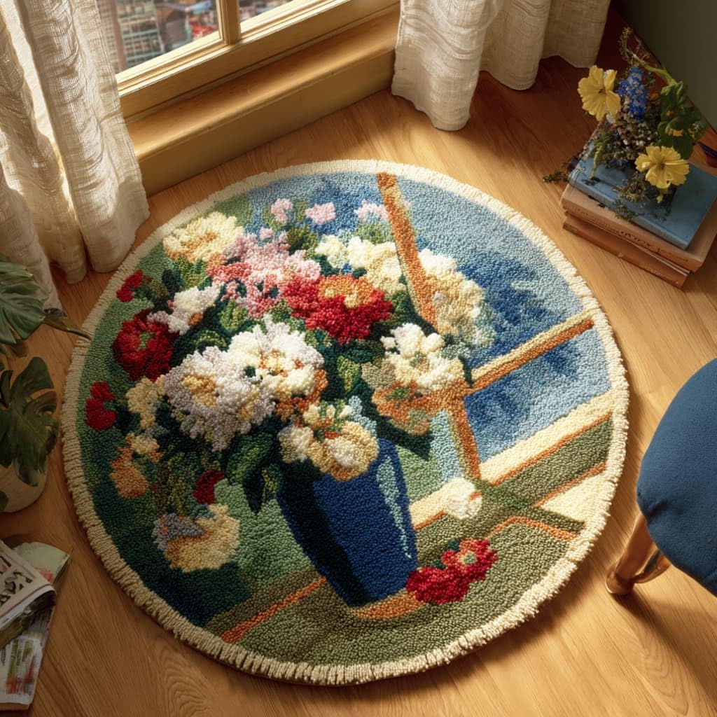 kitphoenix Round Shape Latch Hook Kits Rug Flowers DIY Cushion Rug Carpet Making Crochet Hook Kits Preprinted Pattern Canvas Cushion Yarn Hooking Kits Mat Kits 50X50Cm