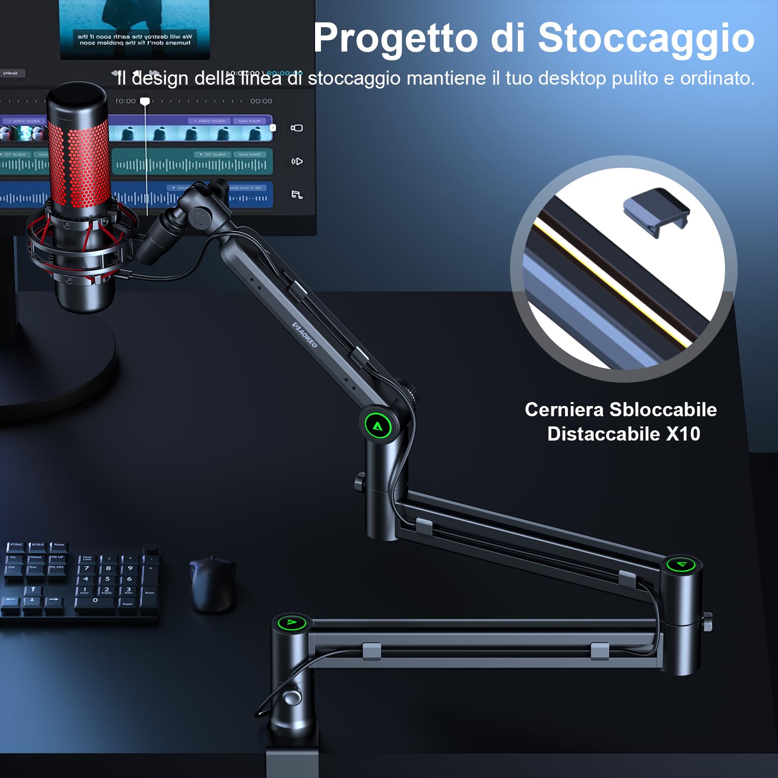 Braccio Microfono,Aokeo AK-58i Braccio Sospensione Boom da Scrivania a Profilo Basso,Supporto per Blue Yeti,Snowball iCE,HyperX QuadCast,SoloCast,Elgato Wave,Ecc
