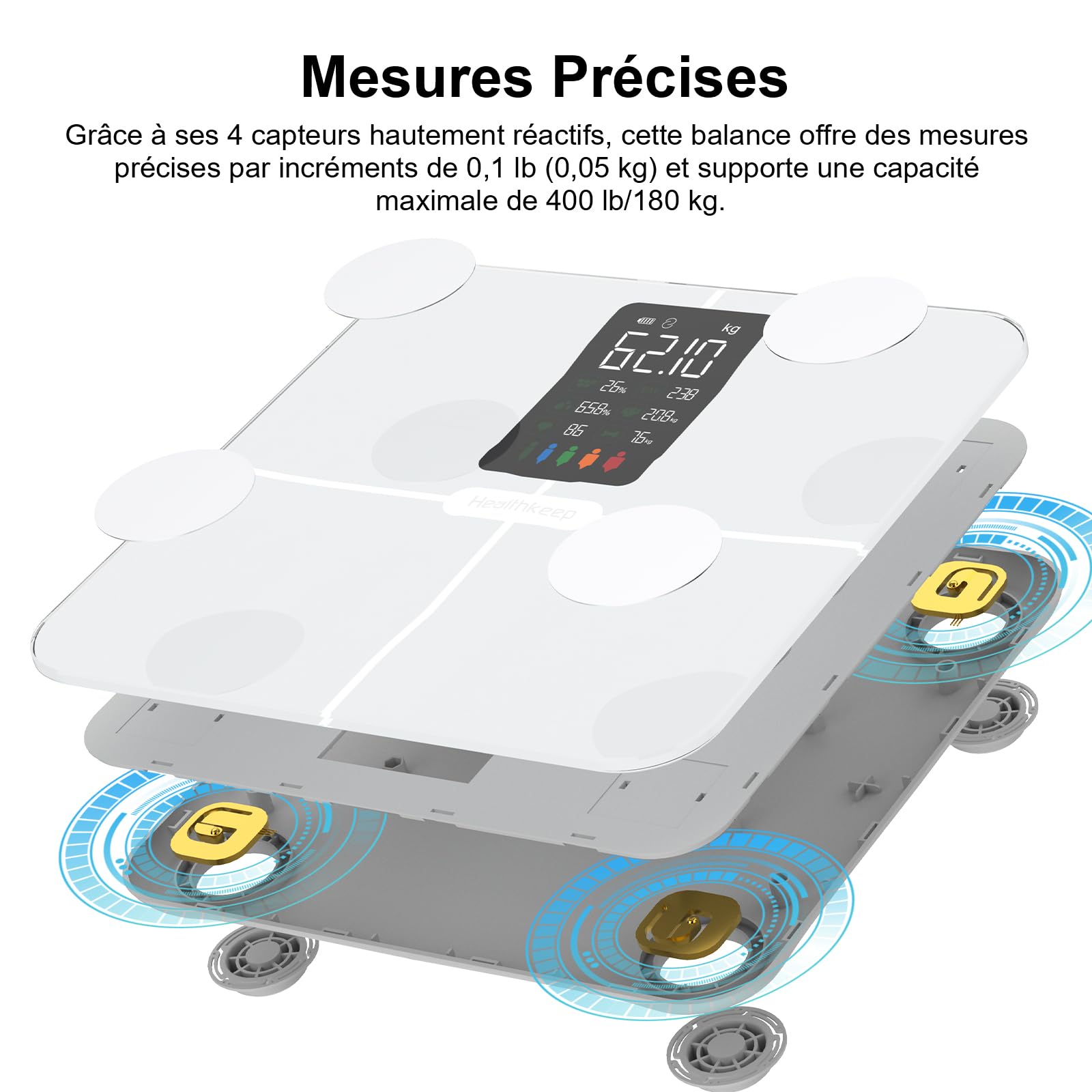 Healthkeep Balance Connectée Impédancemètre Pèse Personne avec Affichage VA 15 Données Corporelles Fréquence Cardiaque Max. 180kg/400lb Blanc