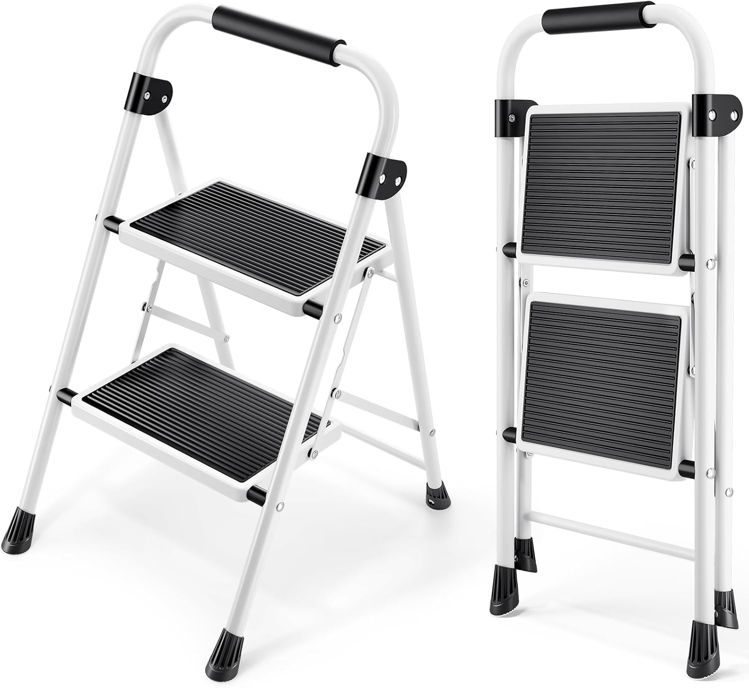 KINGRACK 2 Step Ladder, Folding Step Ladder, Kitchen Ladder with Anti-Slip and Wide Pedal, Small Step Stool with Handrails, Lightweight Portable Stepladder for Home Kitchen Household, White